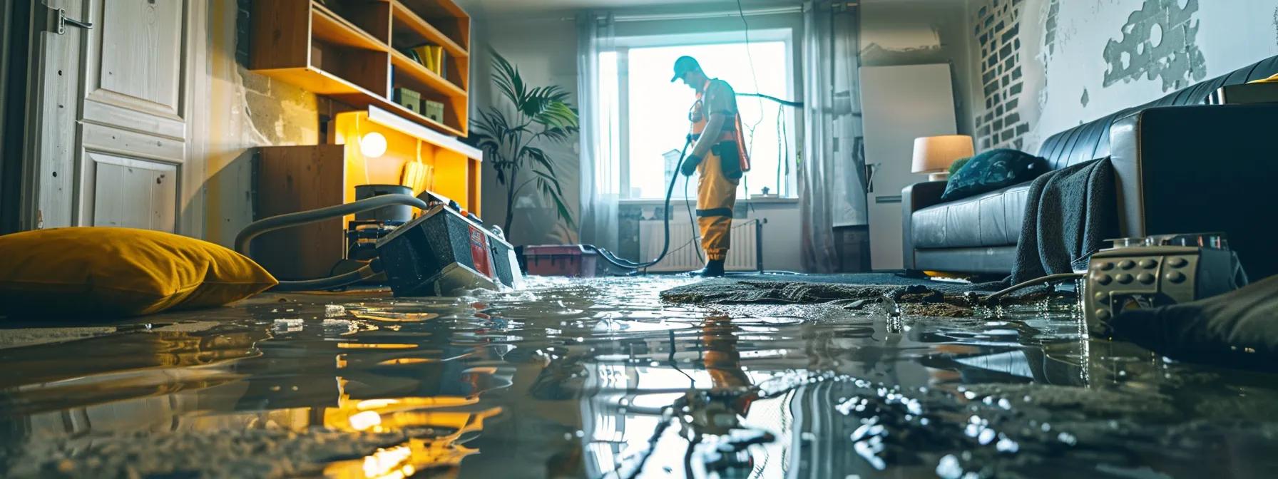 a focused scene depicting a professional water damage restoration technician operating industrial drying equipment in a modern, visually impacted home, with clear signs of water damage on the floors and walls, framed by soft, ambient light filtering through a window, creating a reassuring atmosphere.