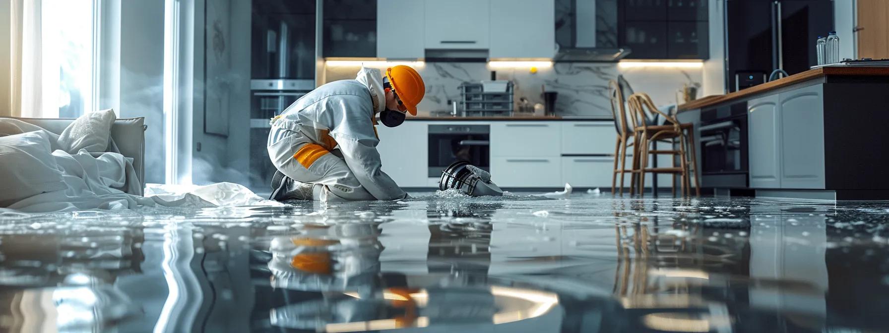 a focused scene depicting a professional water damage restoration technician using high-powered industrial drying equipment in the interior of a modern home, showcasing visible signs of water damage on the floors and walls under soft, ambient lighting that conveys a reassuring atmosphere.