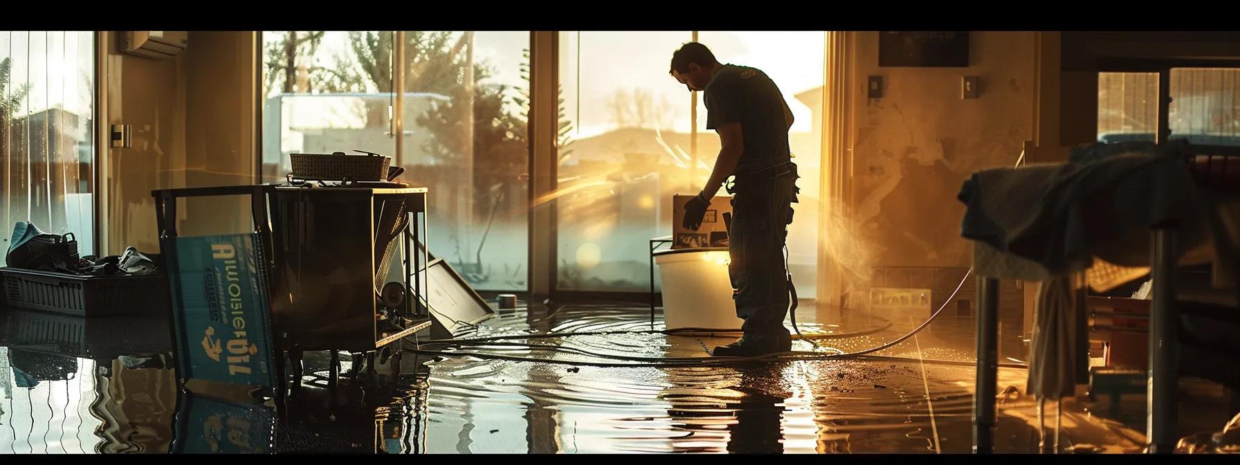 a focused scene depicting a professional restoration technician operating industrial drying equipment in a modern home with evident water damage, illuminated by soft natural light filtering through a window, conveying a reassuring atmosphere of recovery and cleanliness.