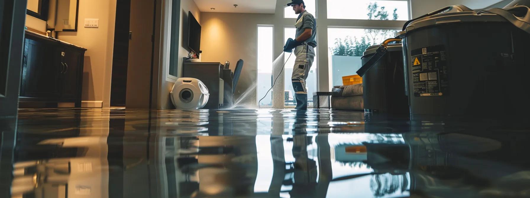 a focused scene depicting a professional water damage restoration technician operating industrial drying equipment in a flooded, modern home, with visible water-stained walls and floors, and soft ambient light streaming through a nearby window, creating a reassuring and diligent atmosphere.