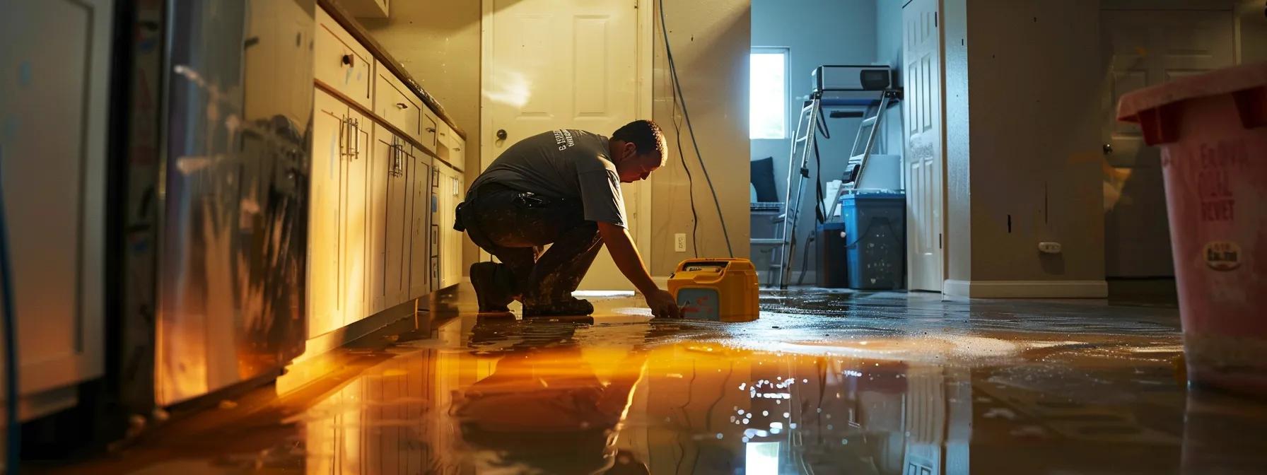 a focused scene depicting a professional restoration technician operating advanced industrial drying equipment in a modern, water-damaged home, highlighting the contrast between the technical restoration process and the visible signs of damage on the walls and floors in a softly lit, reassuring environment.