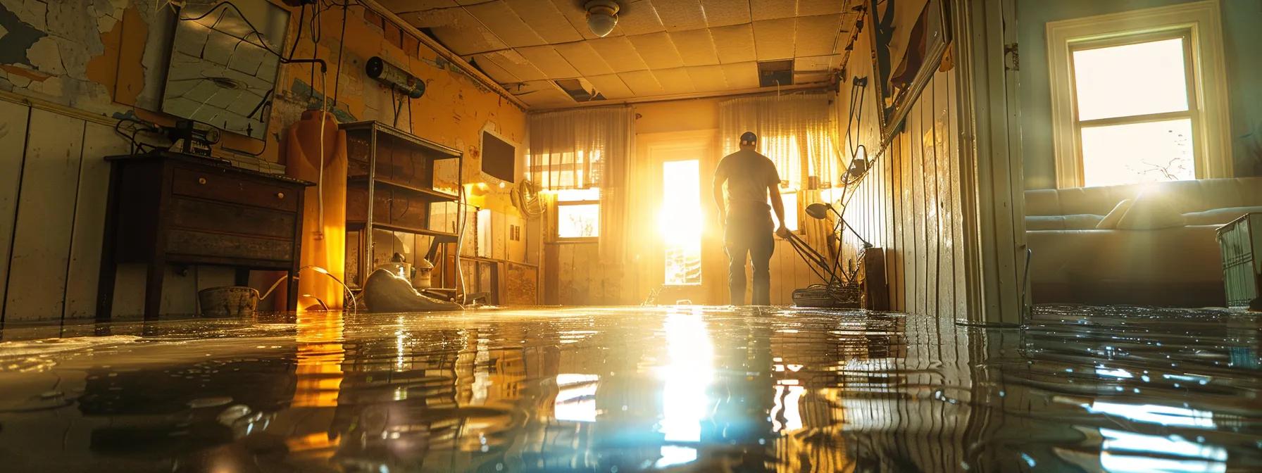 a focused scene depicting a professional water damage restoration technician utilizing industrial drying equipment amidst visibly affected walls and floors in a flooded historic home, illuminated by soft, indirect light from a nearby window, conveying a sense of reassurance and expertise.