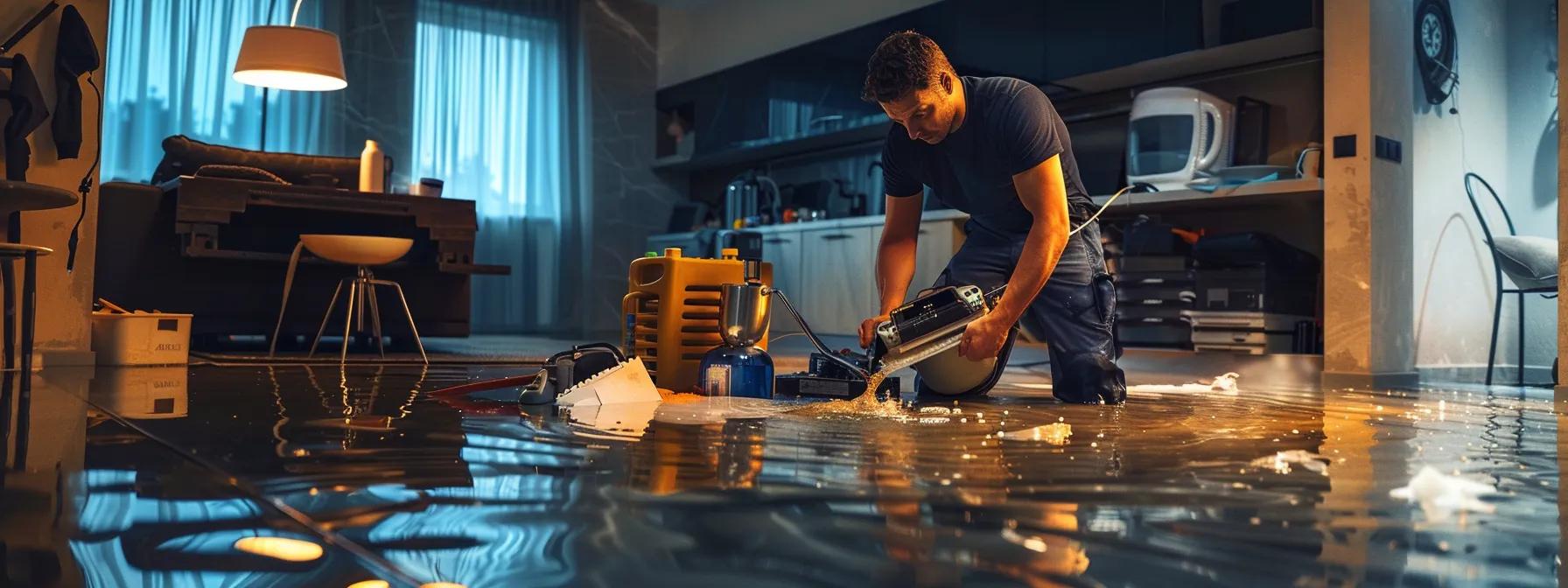 a focused scene depicting a water damage restoration technician actively operating industrial drying equipment in a modern, flooded home, showcasing evident water damage on walls and floors, all illuminated by soft interior lighting that conveys a reassuring atmosphere.