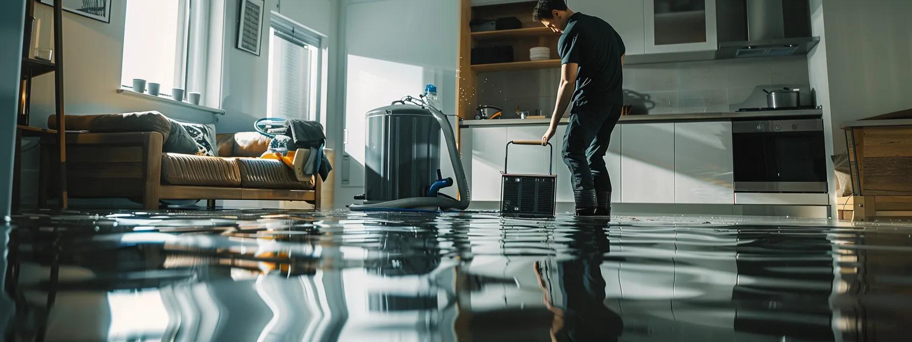 a focused scene inside a modern, flooded home showcases a professional water damage restoration technician methodically operating industrial drying equipment amidst visibly damaged floors and walls, illuminated by soft natural light streaming through a nearby window, creating an atmosphere of reassurance and efficiency.