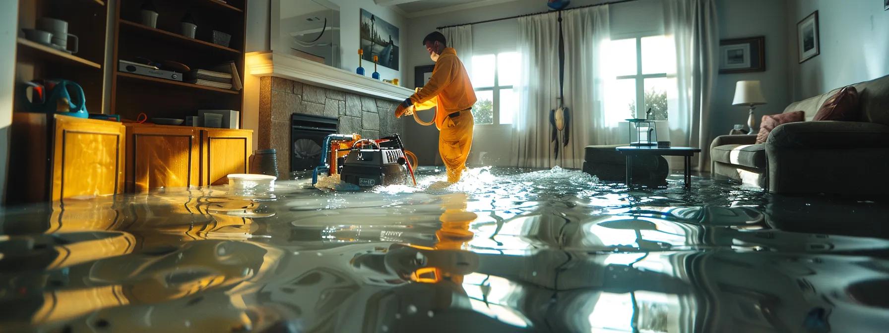 a focused scene inside a modern flooded home features a professional water damage restoration technician operating industrial drying equipment amidst prominent signs of water damage on the floors and walls, illuminated by soft, diffused light streaming through a window, creating a clean and reassuring atmosphere.
