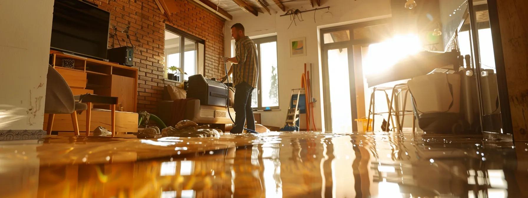a focused scene inside a modern, flooded home showcases a professional water damage restoration technician operating industrial drying equipment, with visible signs of water damage on the walls and floors, illuminated by soft natural light streaming through a nearby window, evoking a sense of urgency and reassurance in the restoration process.