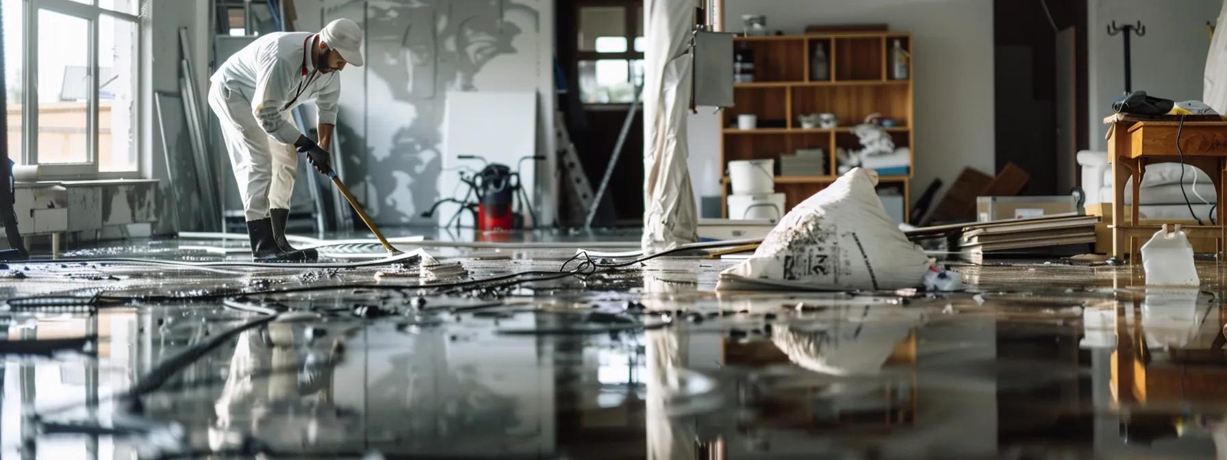 a focused scene inside a modern flooded home shows a professional water damage restoration technician expertly operating industrial drying equipment, highlighting the visible signs of water damage on the floors and walls, enhanced by soft natural light filtering through a nearby window, creating a clean and reassuring atmosphere.
