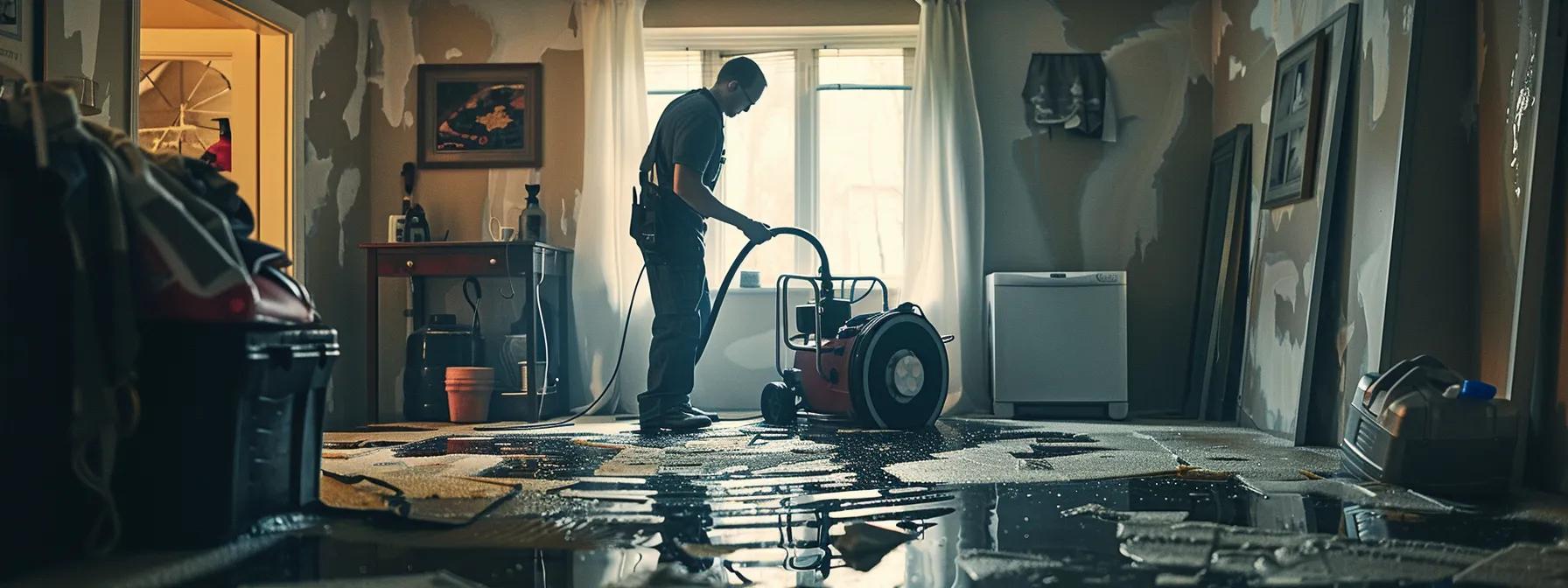 a focused scene inside a modern home shows a professional water damage restoration technician efficiently operating industrial drying equipment amidst visibly damaged walls and floors, illuminated by soft natural light filtering through a window, conveying a sense of reassurance and expert care.