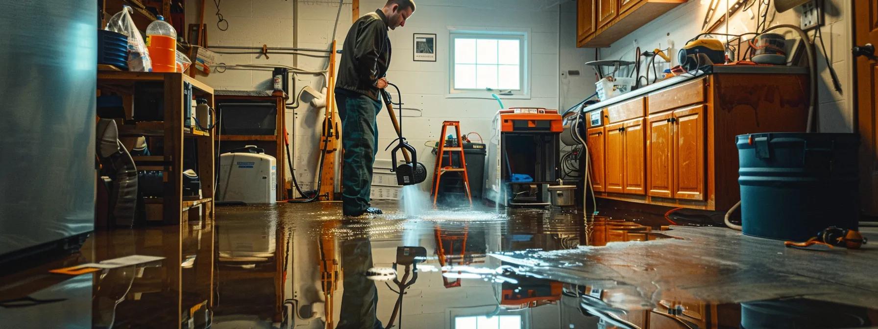 a focused scene inside a modern flooded basement showcases a professional restoration technician actively using industrial air movers and dehumidifiers, with visible water damage on the walls and floors under soft, ambient lighting, embodying a reassuring and expert atmosphere for effective moisture management.