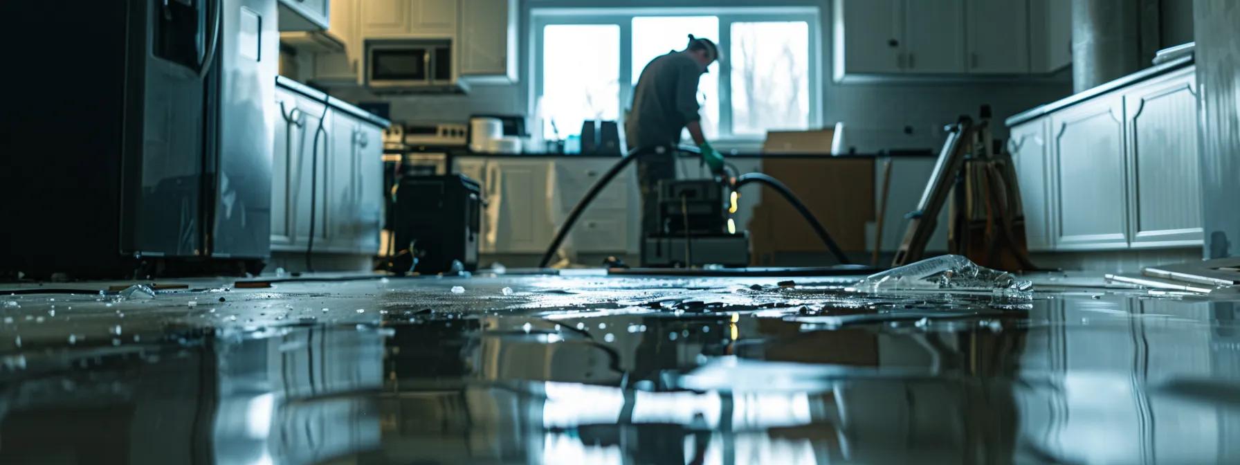 a focused scene of a dedicated water damage restoration technician operating high-powered industrial drying equipment in a contemporary, water-damaged home, showcasing visible signs of moisture on floors and walls, with soft, diffuse lighting pouring in from a nearby window, creating a reassuring and professional atmosphere.