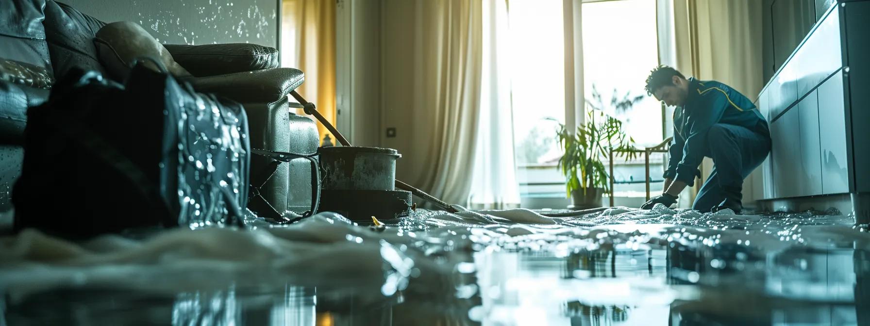 a focused scene of a professional water damage restoration technician operating industrial drying equipment in a modern home, highlighting visible signs of water damage on walls and floors, illuminated by soft natural light from a window, creating a clean and reassuring atmosphere.