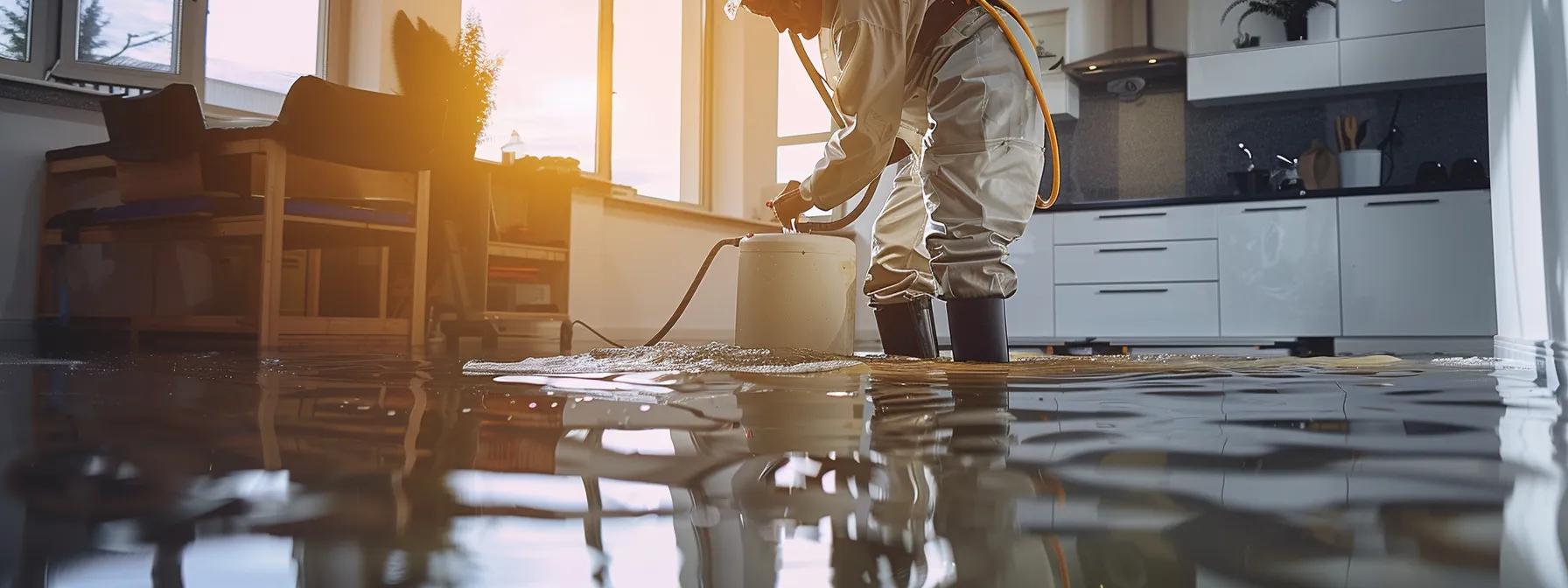 a focused scene of a professional water damage restoration technician operating industrial drying equipment in a modern, flooded home, highlighting visible signs of damage on floors and walls under soft, diffused lighting.