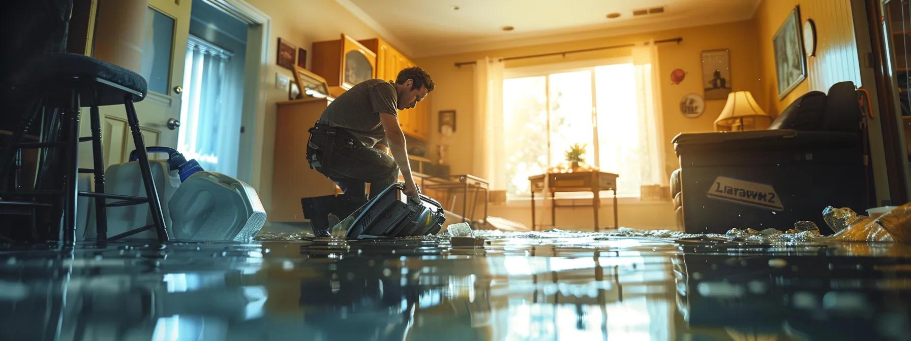 a focused scene of a professional water damage restoration technician operating industrial drying equipment in a modern, flooded home, highlighting visible water damage on the walls and floors, illuminated by soft natural light streaming through a nearby window, creating a reassuring and clean atmosphere.