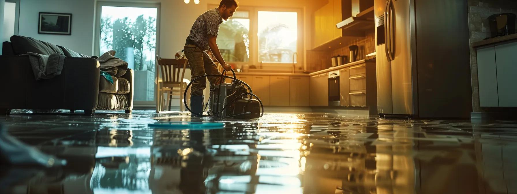 a focused scene of a professional water damage restoration technician operating industrial drying equipment in a modern home, showcasing visible water-stained walls and flooring under soft ambient lighting, conveying a sense of urgency and expertise in addressing severe indoor flooding.
