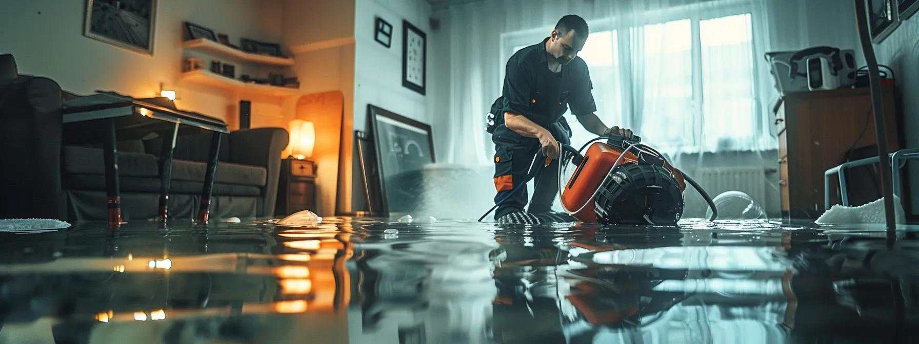 a focused scene of a professional water damage restoration technician operating industrial drying equipment in a modern home, highlighting visible water damage on walls and floors, with soft, ambient light streaming through a window, creating a reassuring atmosphere.