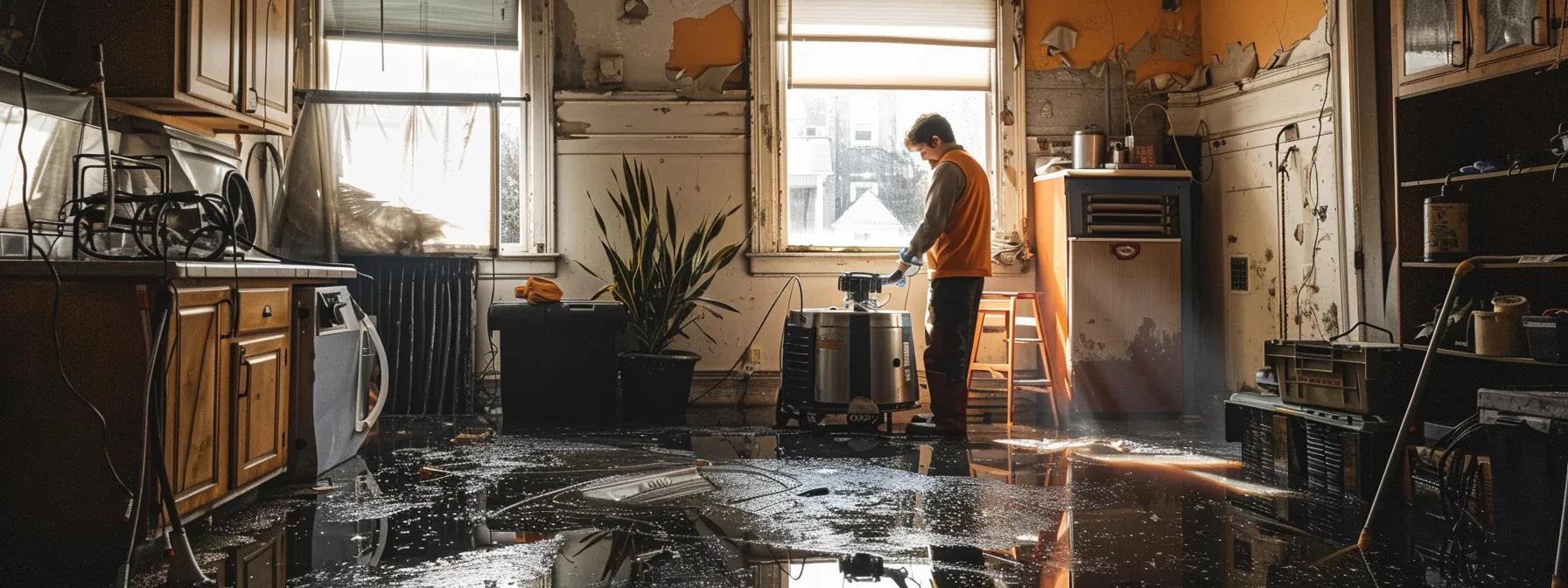 a focused scene of a professional restoration technician operating state-of-the-art industrial drying equipment inside a flooded historic home, showcasing evident water damage on the walls and floors, with soft light streaming through a window, creating a clean and reassuring atmosphere suitable for a restoration company's blog.