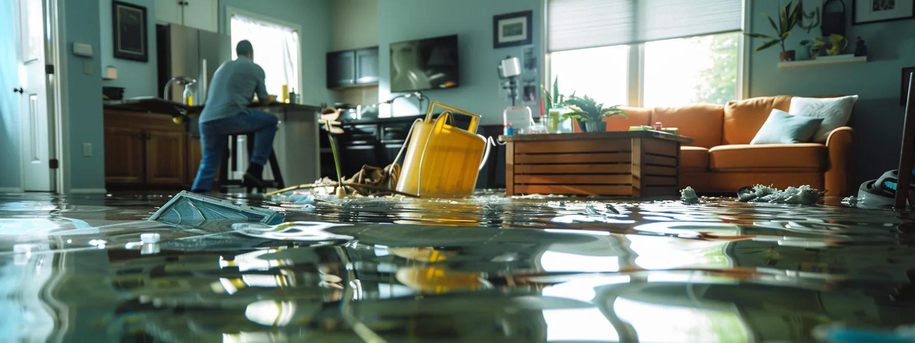 a focused scene of a professional water damage restoration technician operating advanced drying equipment in a modern home displaying clear signs of water damage, with a clean, high-resolution composition that conveys a sense of professionalism and reassurance in the restoration process.