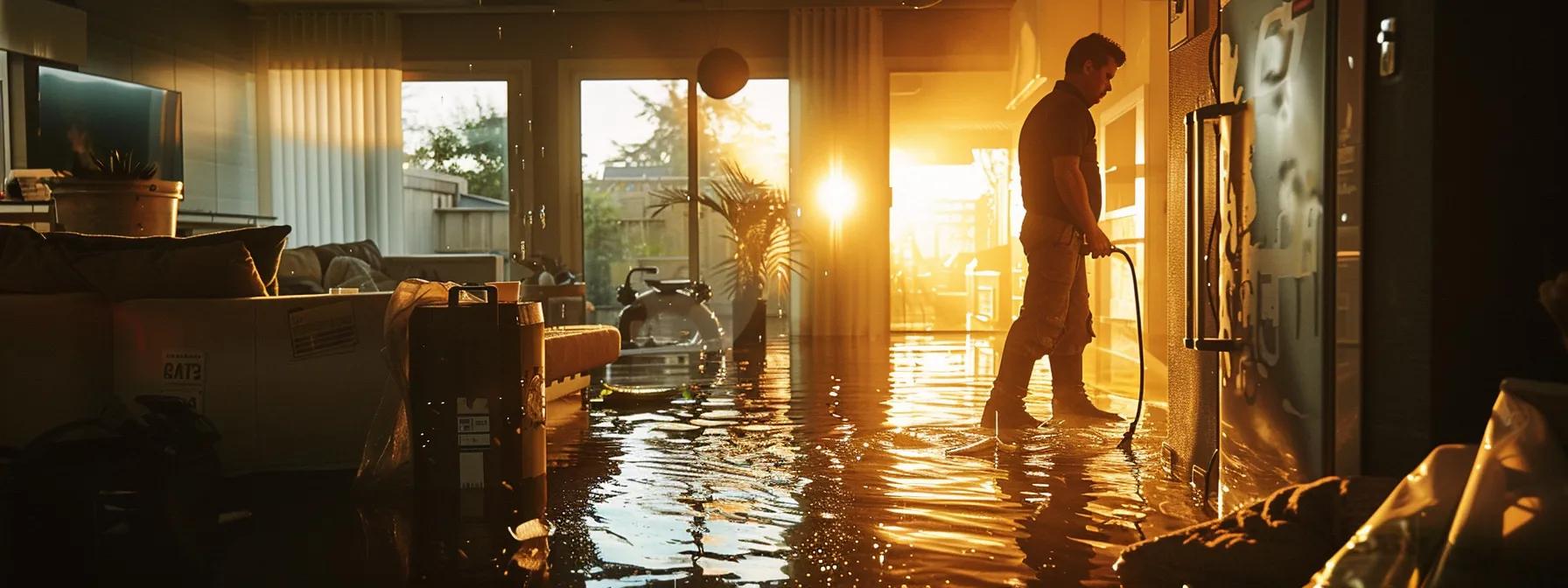 a focused scene of a professional water damage restoration technician operating advanced industrial drying equipment in a modern flooded home, revealing unmistakable water damage on the walls and floors, illuminated by soft, ambient light peeking through a window, creating a reassuring atmosphere for homeowners.