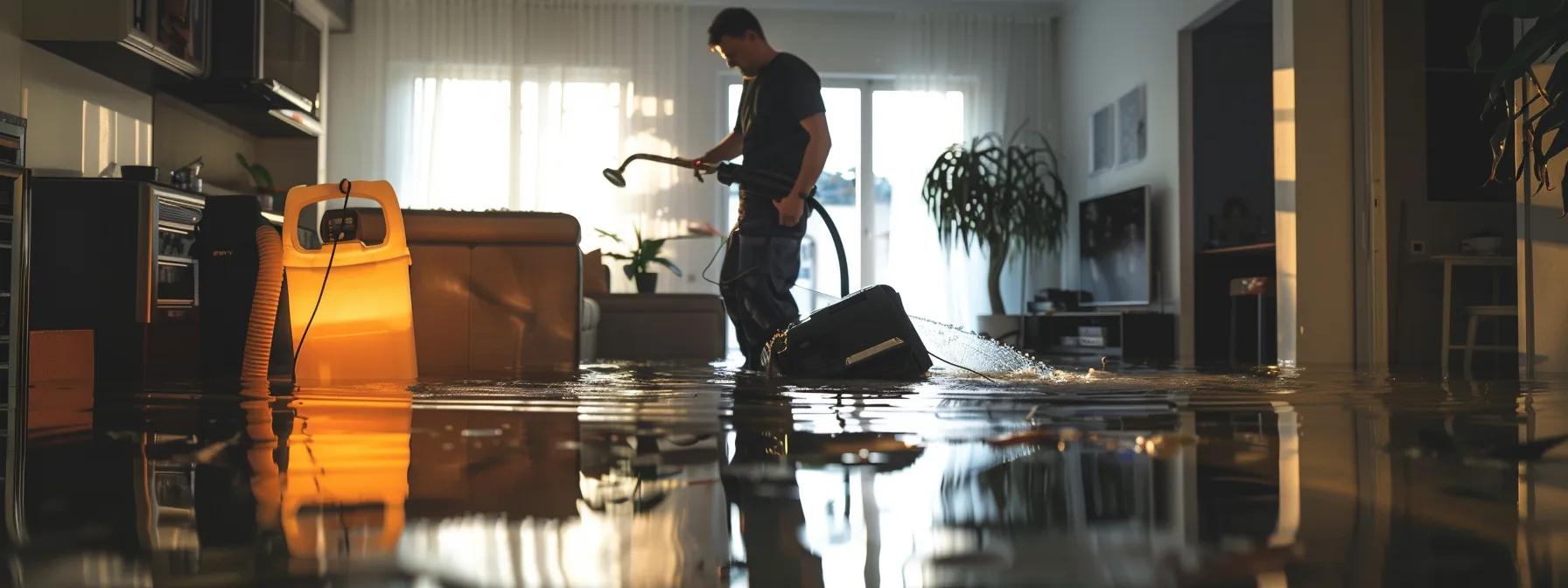 a focused scene of a professional water damage restoration technician operating industrial drying equipment in a modern, flooded home, with evident water-damaged walls and floors, illuminated by soft artificial lighting that conveys a reassuring atmosphere.