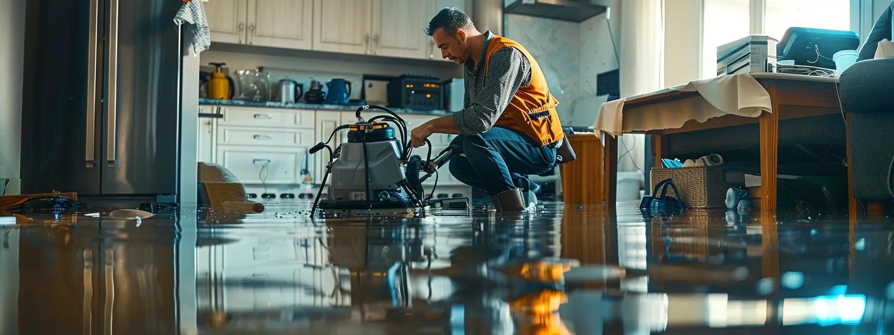 a focused scene of a professional water damage restoration technician operating industrial drying equipment in a modern, flooded home, with visible signs of water damage on the walls and floors, creating a reassuring atmosphere enhanced by soft, filtered indoor lighting.
