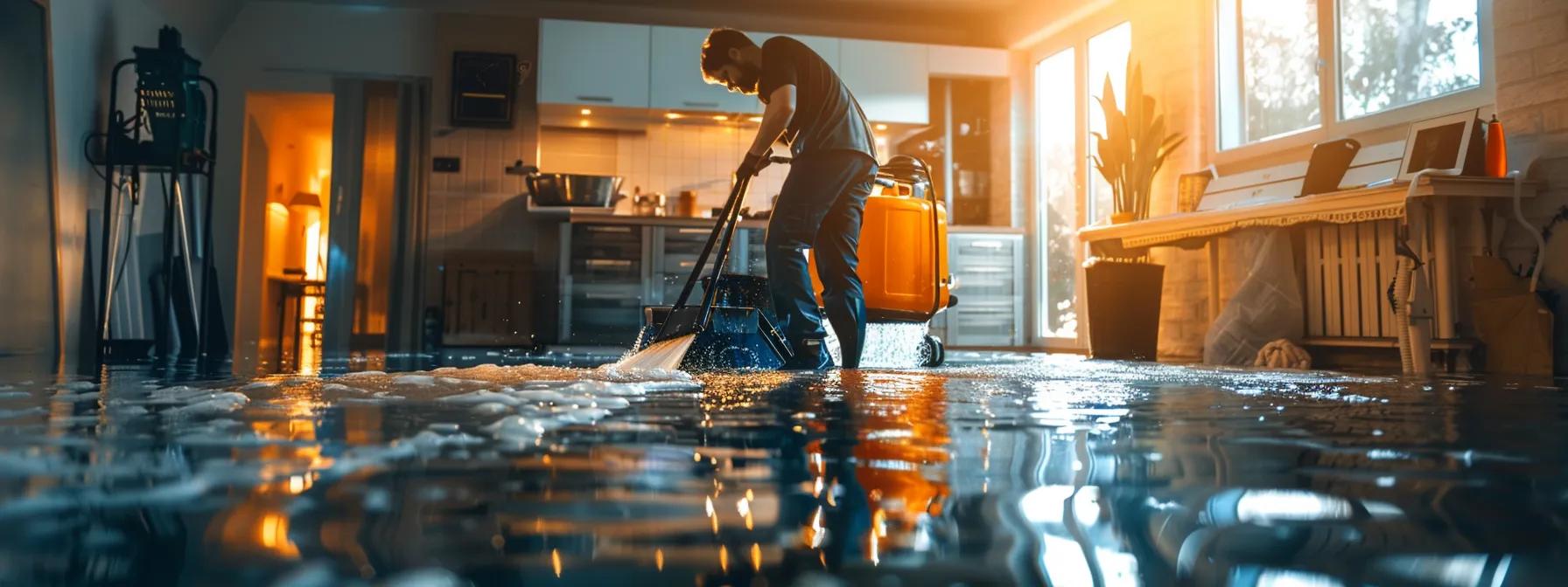 a focused scene of a professional water damage restoration technician methodically operating advanced industrial drying equipment inside a contemporary home, surrounded by visible water-damaged walls and floors, illuminated by soft light filtering through a window, conveying a sense of urgency and expertise in restoration.