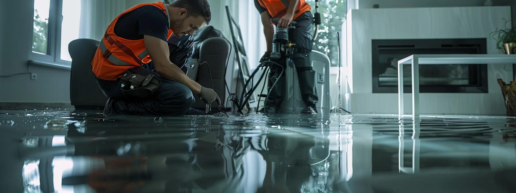 a focused scene of a professional water damage restoration technician operating advanced industrial drying equipment in a flooded, modern home, with visible signs of water damage on the floors and walls, all illuminated by soft natural lighting filtering through a nearby window, creating a reassuring atmosphere.