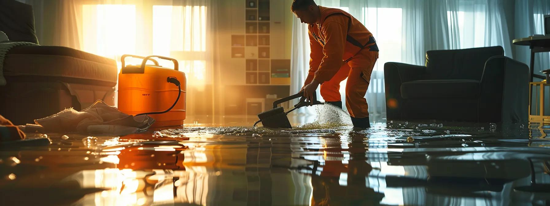 a focused scene of a professional water damage restoration technician operating industrial drying equipment in a modern, partially flooded home, showcasing visible water damage on the floors and walls, illuminated by soft, diffused light filtering through a nearby window to create a reassuring atmosphere.