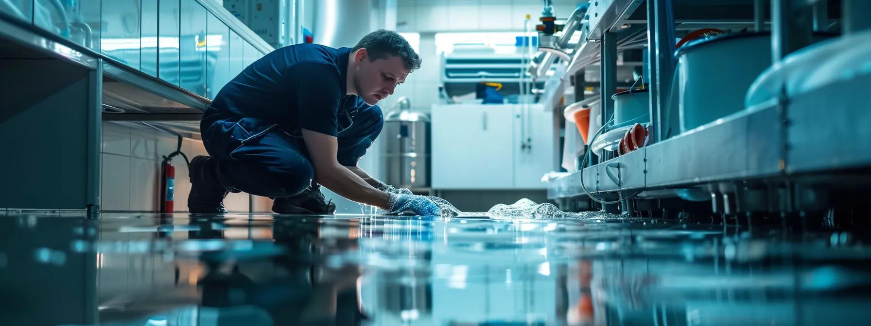 a focused scene of a professional technician operating advanced industrial drying equipment in a modern interior, showcasing visible signs of water damage on the sleek floors and walls, illuminated by soft ambient light, emphasizing the urgency and importance of proactive plumbing leak prevention.
