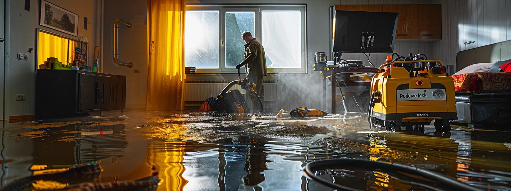 a focused scene of a professional water damage restoration technician operating industrial drying equipment in a modern, water-damaged home, showcasing visible signs of damage on the floors and walls, illuminated by soft, ambient lighting from a window, creating a reassuring atmosphere of expertise and care.