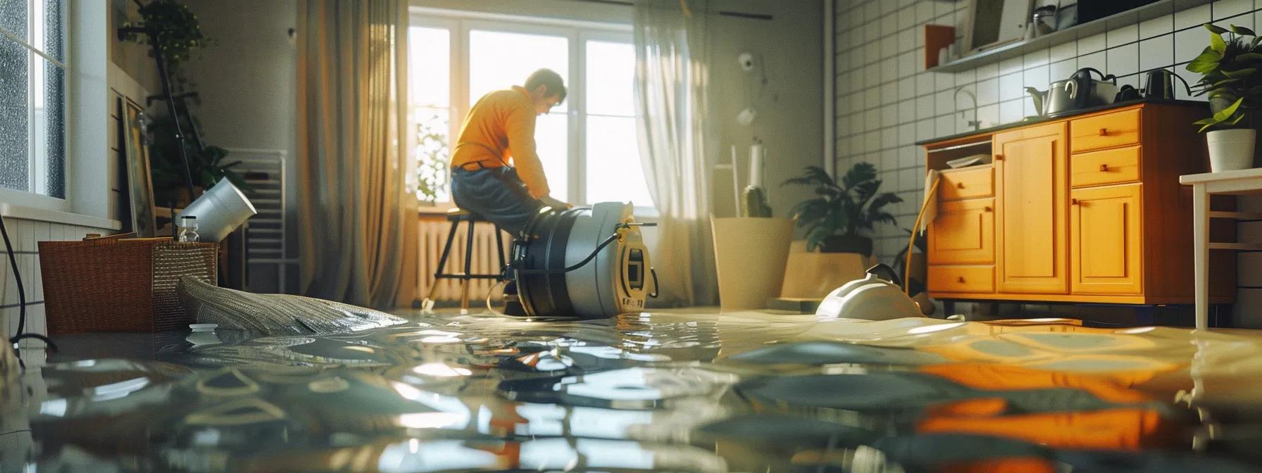 a focused scene of a professional water damage restoration technician operating industrial drying equipment in a modern, flooded home with evident signs of water damage on the walls and floors, set in a warm, reassuring atmosphere enhanced by soft indirect lighting from a window.