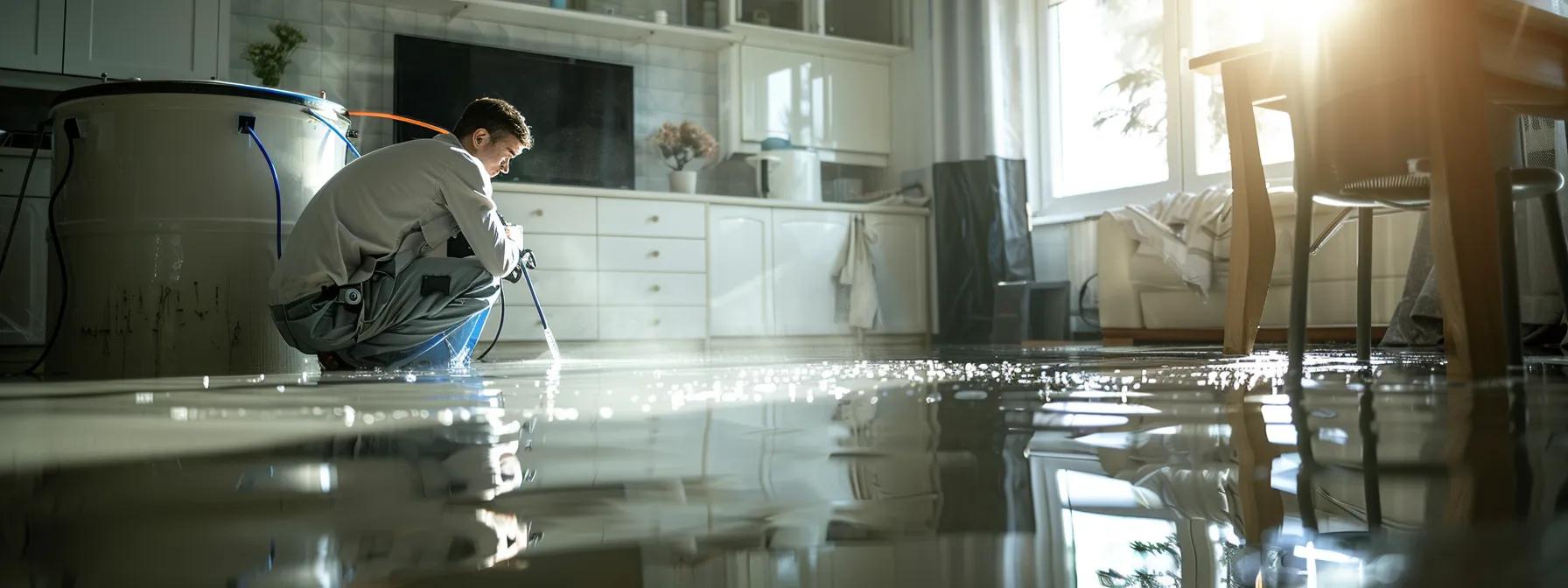 a focused scene of a professional water damage restoration technician operating industrial drying equipment in a modern, flooded home, showcasing prominent water damage on the walls and floors under soft, warm lighting, creating a clear and reassuring atmosphere for a restoration company blog.