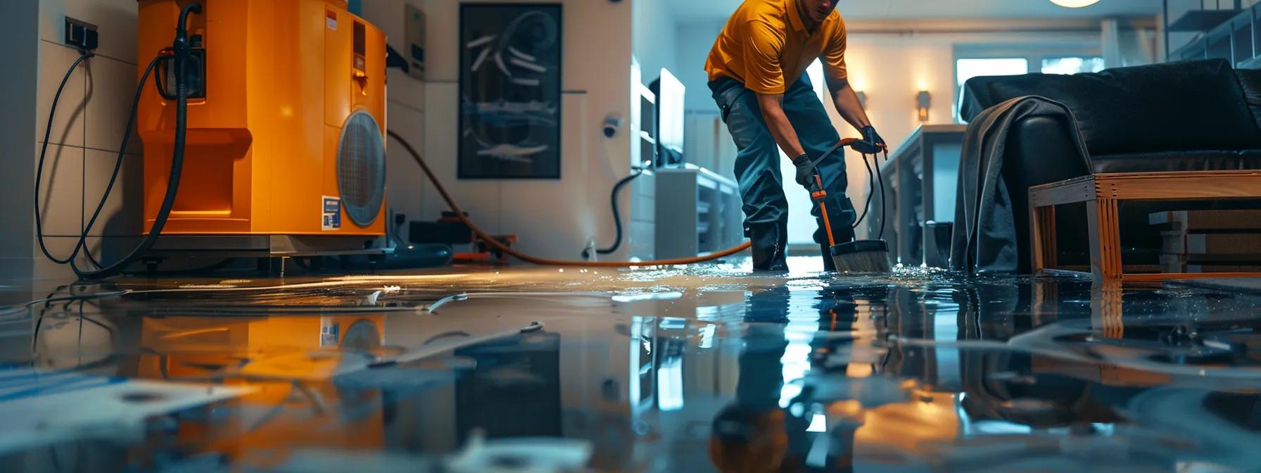 a focused scene of a professional water damage restoration technician operating industrial drying equipment in a sleek, modern home, showcasing visible water damage on walls and floors, with soft interior lighting that conveys a sense of urgency and professionalism.