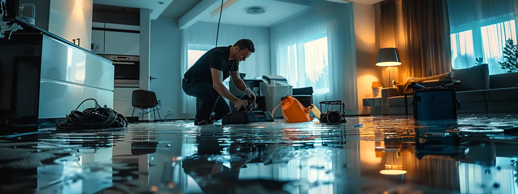 a focused scene of a professional water damage restoration technician operating industrial drying equipment in a modern home, showcasing evident water damage on the walls and floors, illuminated by soft indoor lighting to create a reassuring atmosphere.
