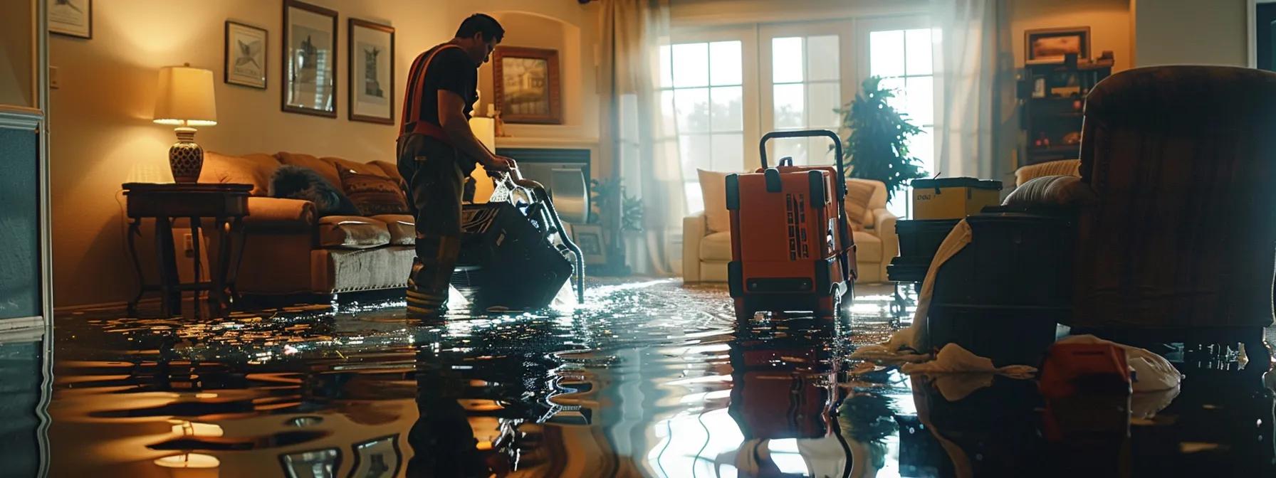 a focused scene of a professional water damage restoration technician operating industrial drying equipment in a modern, flooded home, showcasing visible water damage on the floors and walls, with soft, ambient lighting filtering through a nearby window, conveying a reassuring and competent atmosphere.