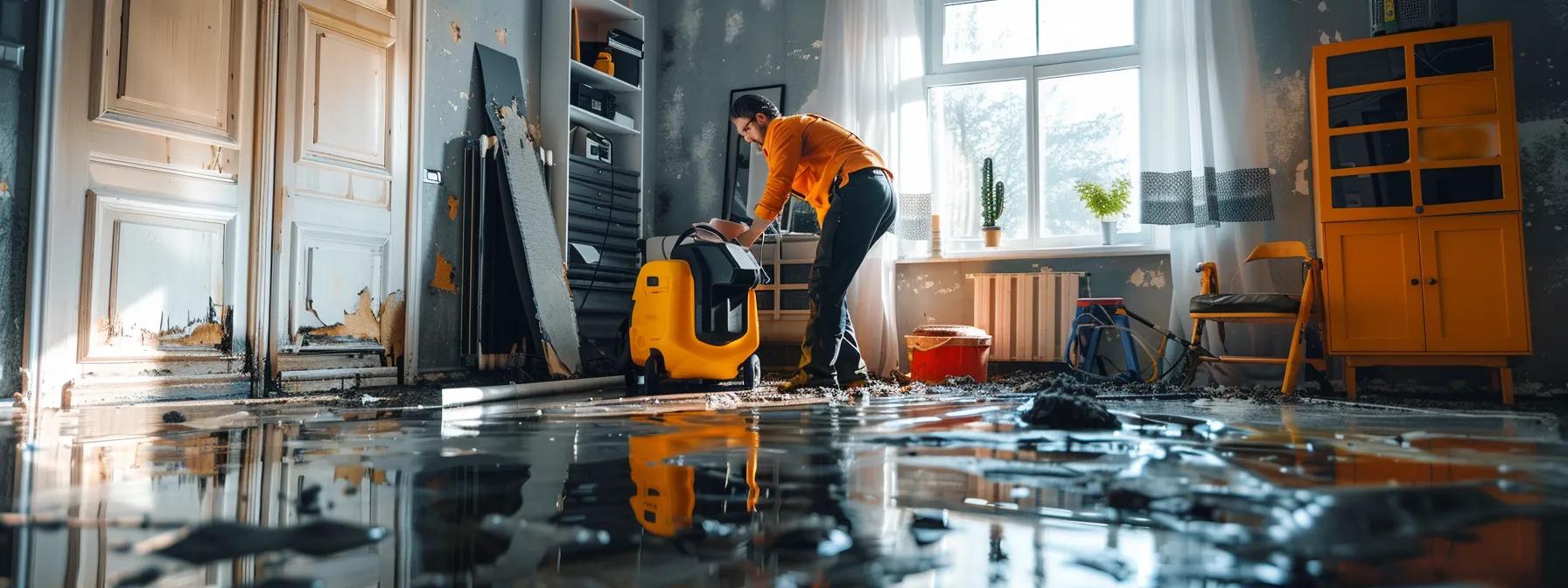 a focused scene of a professional water damage restoration technician operating advanced industrial drying equipment in a modern interior, highlighting visibly damaged walls and floors, enhanced by soft, ambient lighting filtering through a window, creating a reassuring atmosphere.