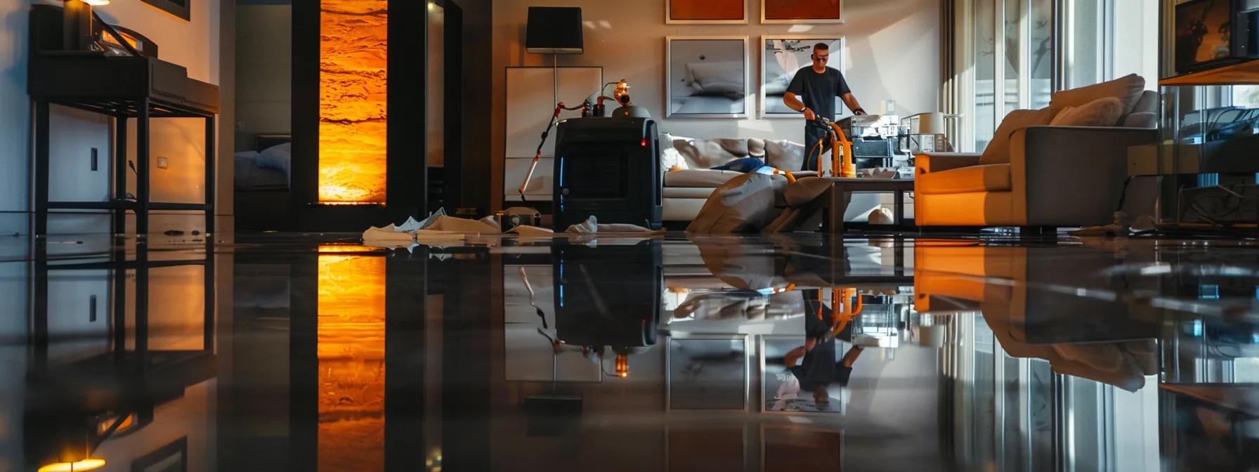 a focused scene of a professional water damage restoration technician operating industrial drying equipment in a modern, flooded condo, showcasing visible signs of damage on walls and floors under soft, ambient interior lighting.