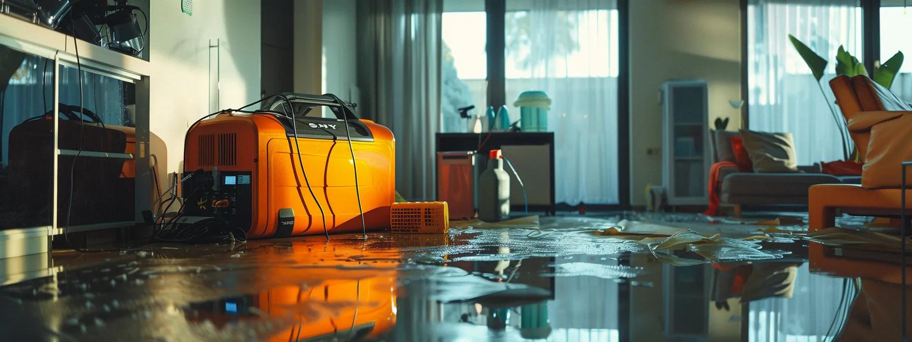 a focused scene of a professional water damage restoration technician operating high-capacity industrial drying equipment in a contemporary home, showcasing visible signs of water damage on the floors and walls, illuminated by soft natural light filtering through a window, conveying a sense of reassurance and expertise.