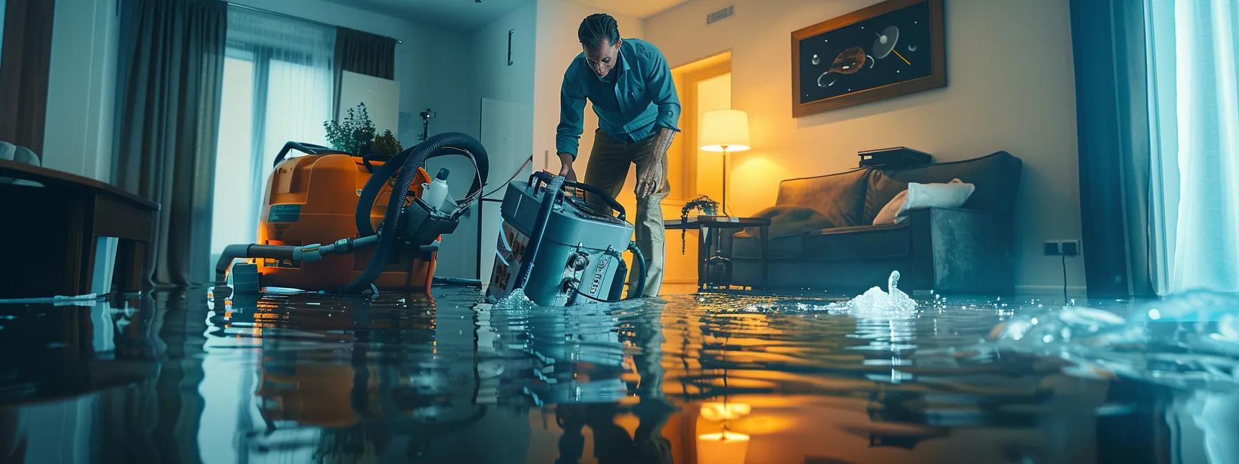a focused scene of a skilled water damage restoration technician expertly operating advanced industrial drying equipment in a modern, flooded home, with visible water damage on the walls and floors, illuminated by soft artificial lighting that creates a professional and reassuring atmosphere.