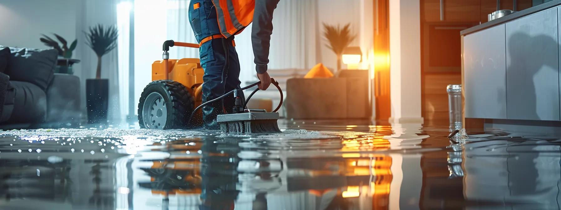 a focused scene of a skilled water damage restoration technician expertly operating advanced industrial drying equipment in a modern home, showcasing visible water-damaged floors and walls, under soft, diffused lighting that creates a reassuring atmosphere.