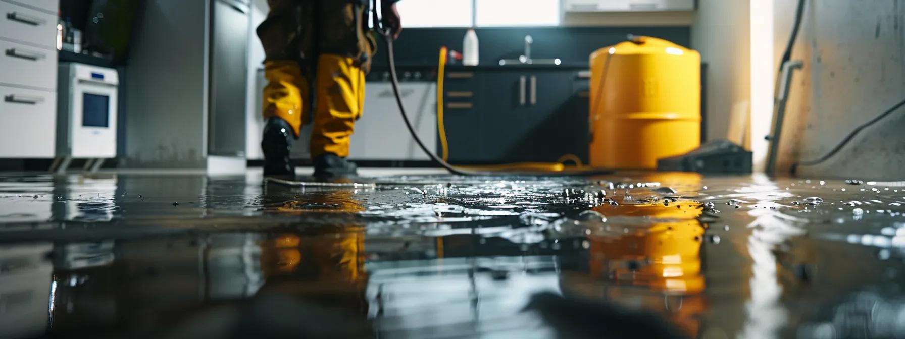 a focused scene of a water damage restoration technician operating advanced industrial drying equipment in a modern home, with visible water stains on the walls and floors, creating a professional and reassuring atmosphere.