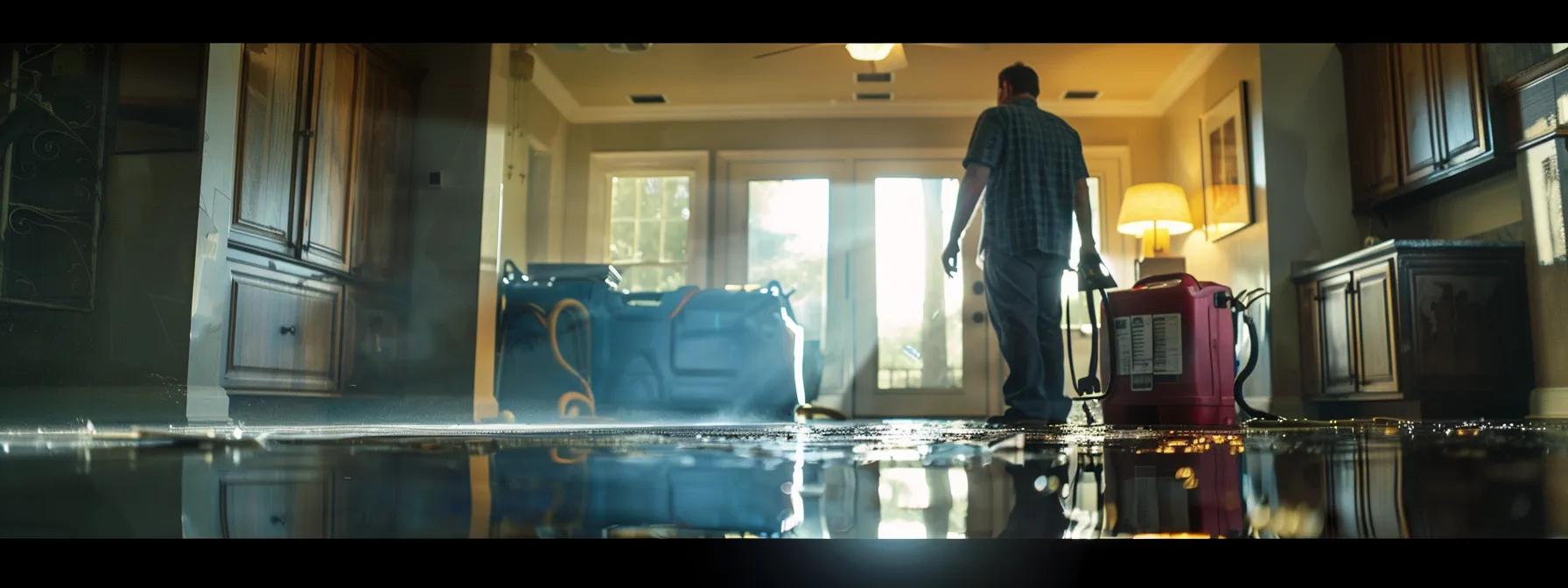 a focused scene showcases a professional restoration technician operating advanced industrial drying equipment amidst the visible water-damaged interiors of a modern home, illuminated by soft, diffused light filtering through a window, conveying a sense of reassurance and expertise in compliance with environmental standards.