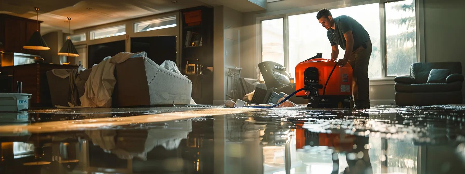 a focused scene showcases a professional water damage restoration technician operating advanced industrial drying equipment inside a modern home, with visible water-damaged walls and floors, illuminated by soft ambient lighting from a nearby window, creating a reassuring atmosphere of expertise and care.
