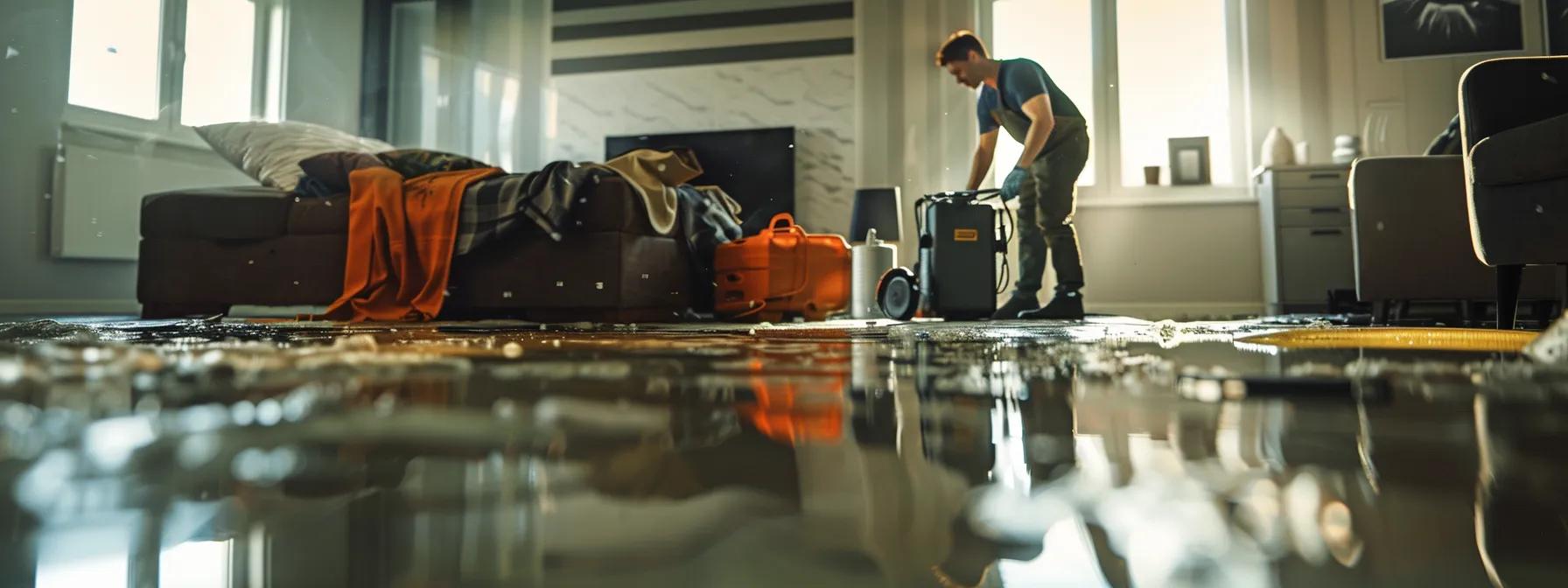 a focused scene showcases a water damage restoration technician operating industrial drying equipment inside a modern home, emphasizing visible water damage on the walls and floors under soft, diffused light, conveying a sense of professionalism and urgency in mold prevention.