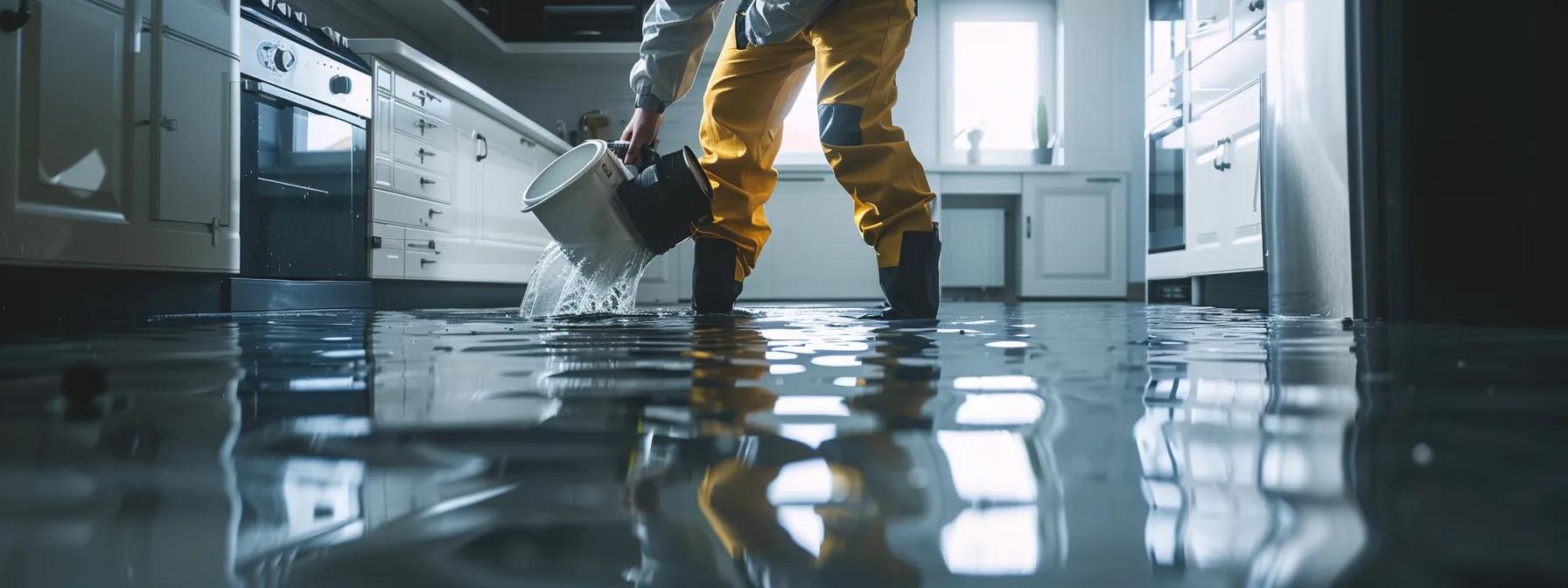 a focused shot of a professional water damage restoration technician working diligently with industrial drying equipment in a modern, partially flooded home, showcasing visible signs of water damage on the floors and walls, all bathed in soft, reassuring ambient light from a nearby window.