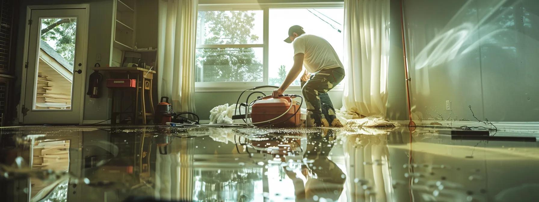 a focused shot of a professional water damage restoration technician operating industrial drying equipment in a modern home, showcasing visible water damage on the floors and walls, illuminated by soft natural light streaming through a nearby window, creating a clean and reassuring atmosphere.