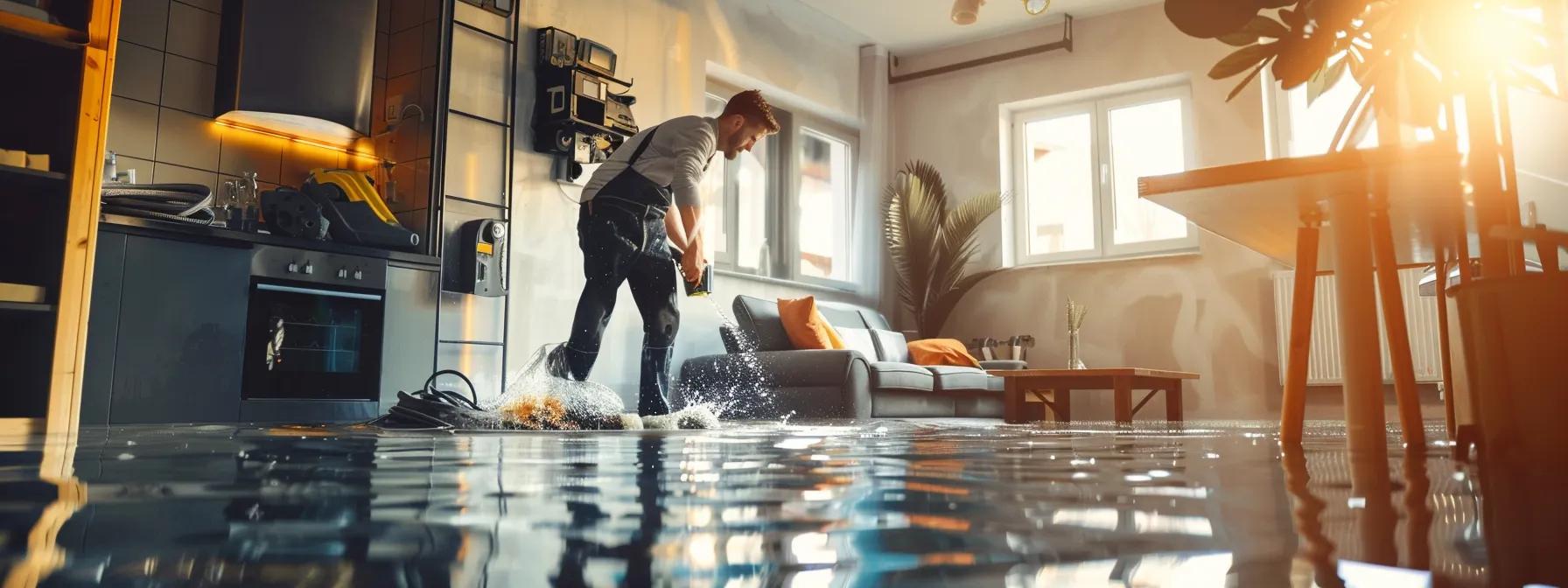 a focused shot of a professional water damage restoration technician operating industrial drying equipment in a modern home, highlighting visible water stains and sagging ceilings, with soft lighting pouring in through a window to create a reassuring atmosphere.