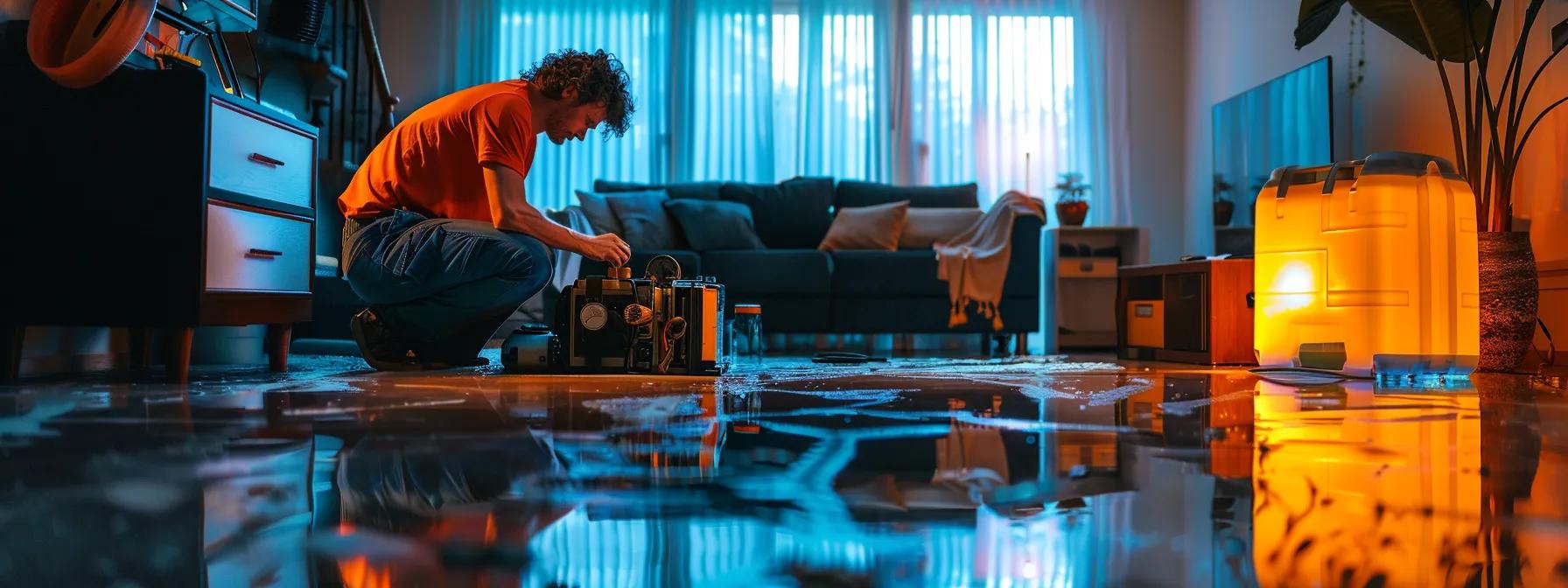 a focused shot of a professional water damage restoration technician operating advanced industrial drying equipment in a modern home, showcasing visible water damage on the floors and walls, illuminated by soft, ambient light filtering through a window to create a reassuring atmosphere.