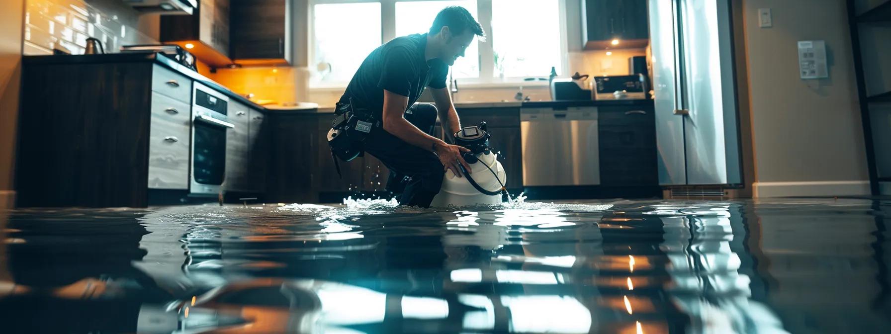 a focused shot of a professional water damage restoration technician strategically positioning powerful industrial drying equipment in a modern, flooded home, showcasing visible signs of water damage on the walls and floors, with soft, diffused light filtering in from a nearby window, creating a clean and reassuring atmosphere.
