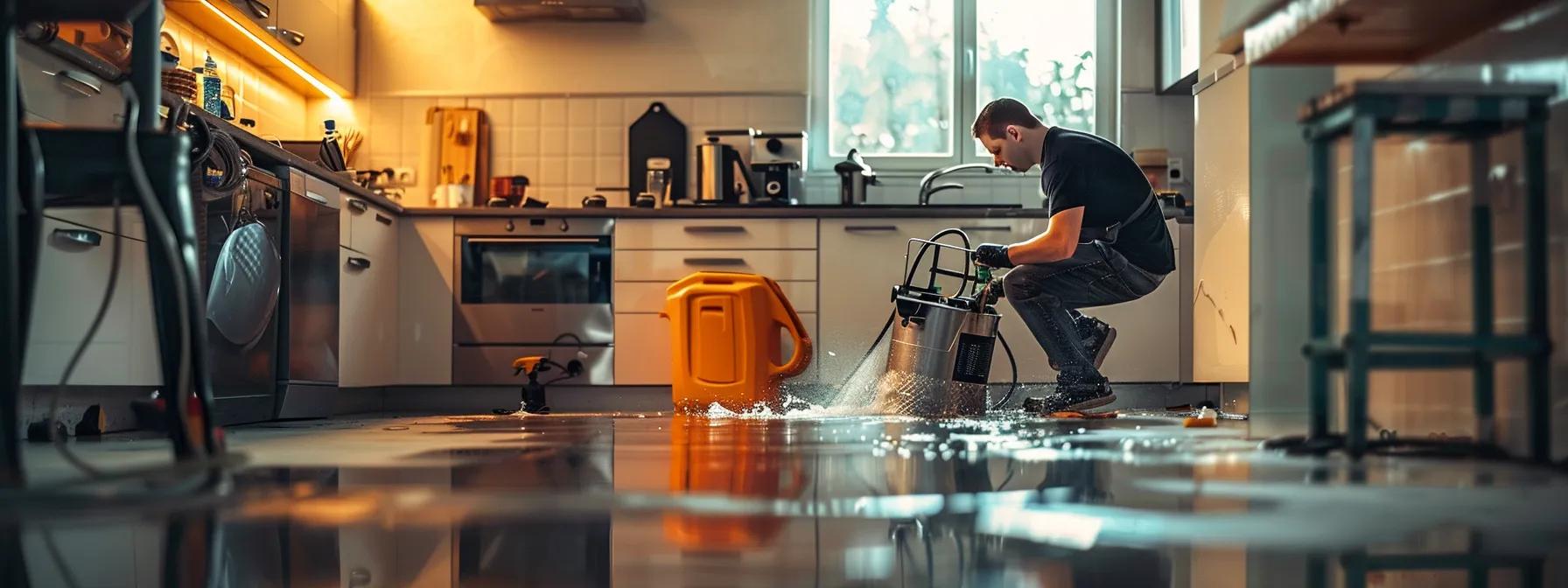 a focused shot of a professional water damage restoration technician operating powerful industrial drying equipment in a modern kitchen with visible signs of water damage, surrounded by soft, warm lighting that creates a reassuring atmosphere in the midst of cleanup efforts.