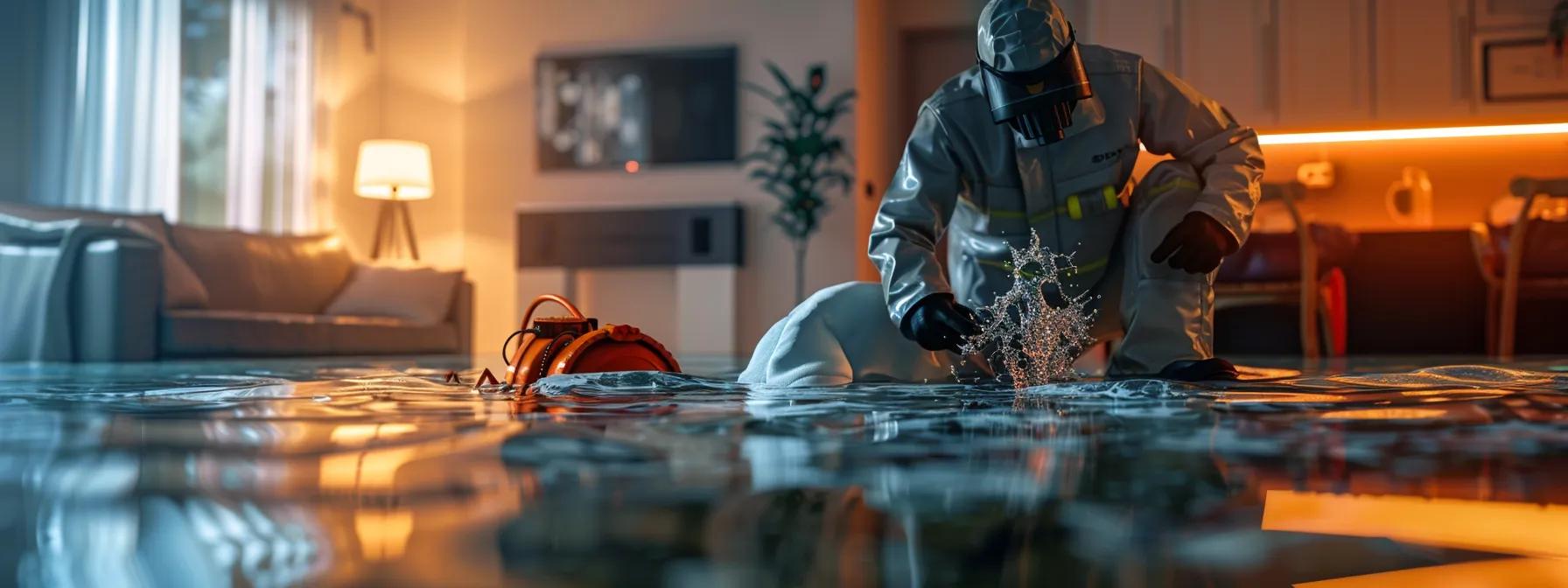 a focused shot of a professional water damage restoration technician operating advanced industrial drying equipment in a modern, flooded home, showcasing visibly damaged floors and walls, illuminated by soft ambient light to convey a sense of reassurance and expertise in mold remediation.